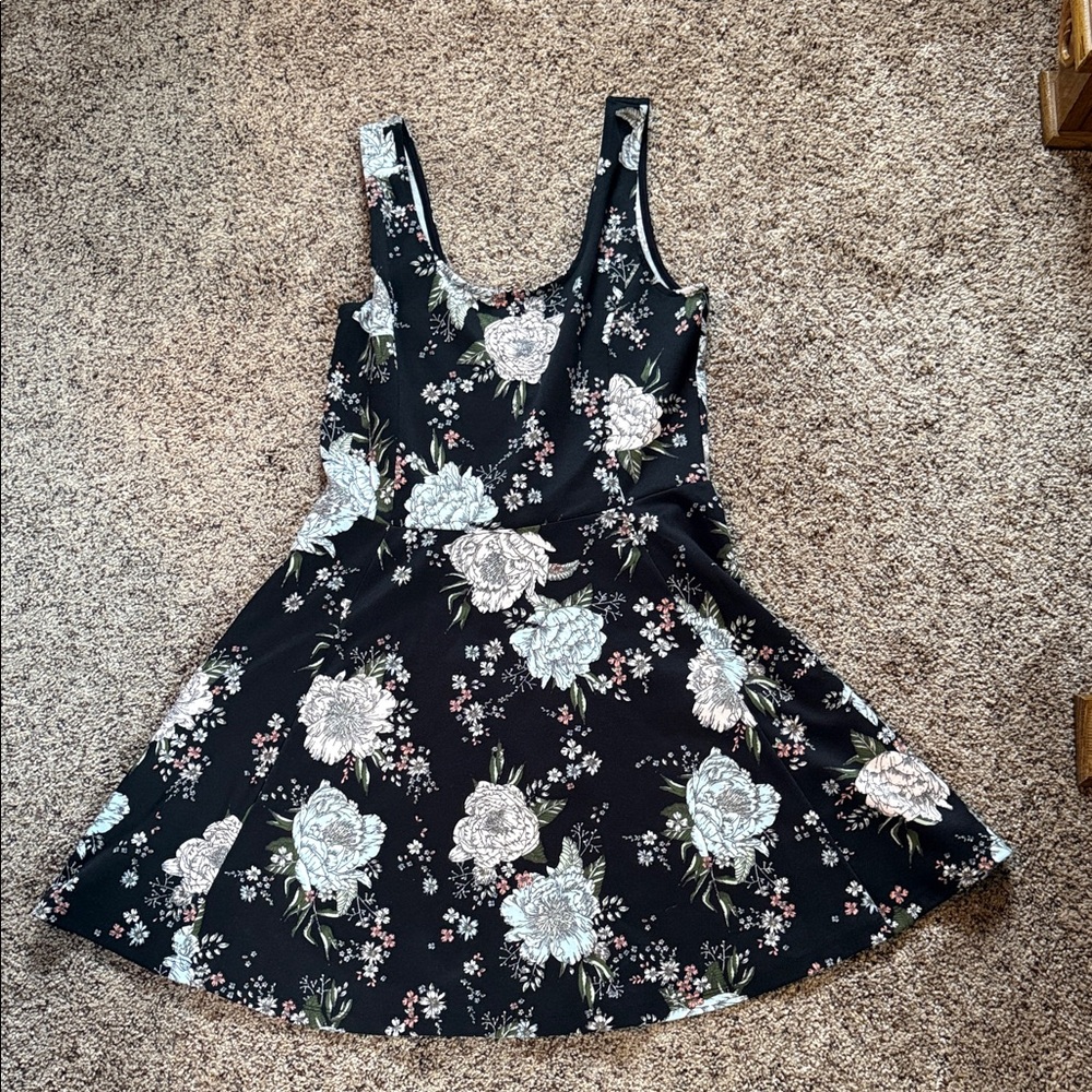 H&M Black Floral Fit-and-Flare Dress with White and Pink Blooms